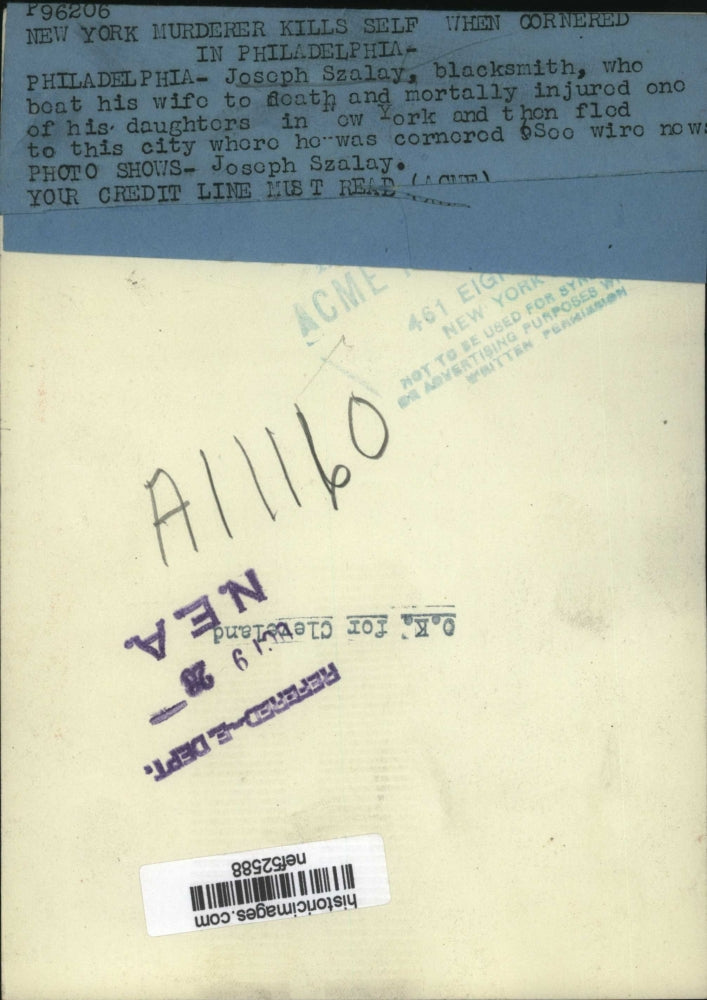 1928 Pres Photo Joseph Szalay Who Killed & Mortally Injured Daughter Kills Self