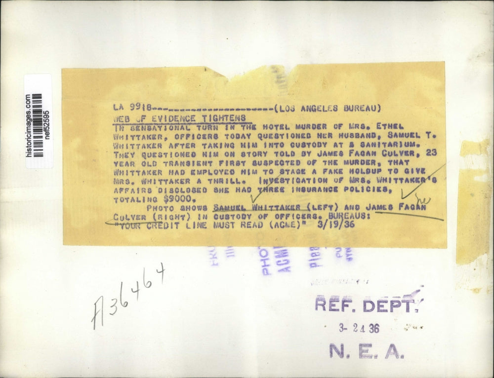 1936 Press Photo Samuel Whittaker, James Fagan Culver in custody of officers