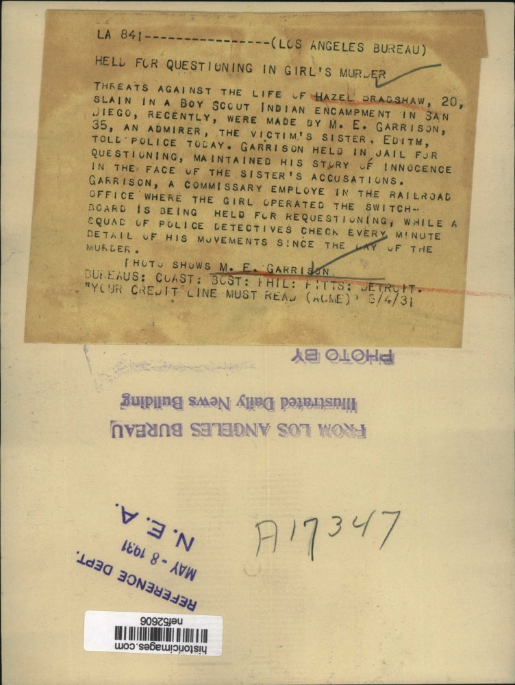 Load image into Gallery viewer, 1931 Press Photo M.E. Garrison held for questioning in Hazel Bradshaw's murder
