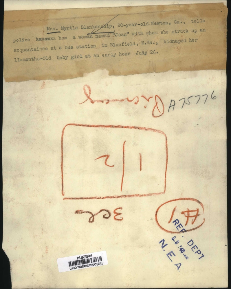 1946 Press Photo Myrtle Blankenship tells police how a woman kidnapped her baby