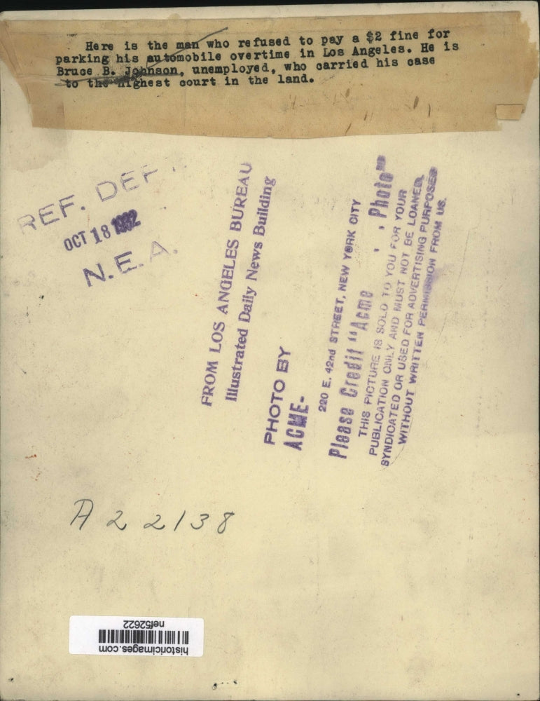 Load image into Gallery viewer, 1932 Press Photo Bruce B Johnson Refused to Pay a $2 Fine For Parking Overtime
