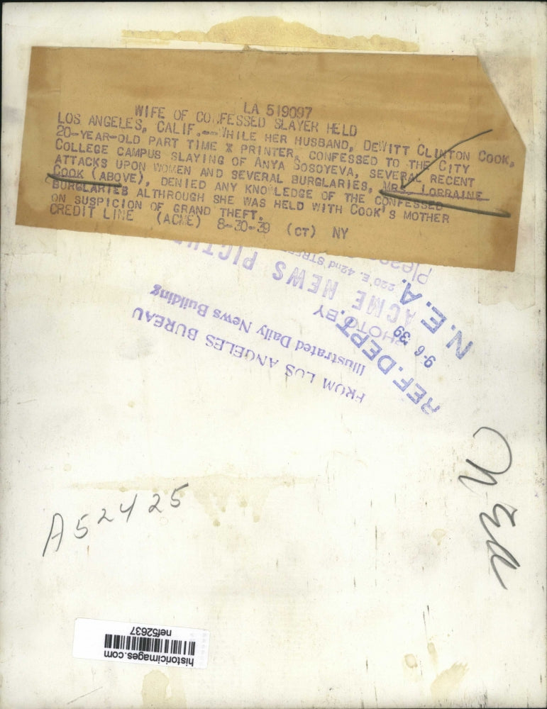 1939 Press Photo Lorraine Cook denies any knowledge of the confessed burglaries