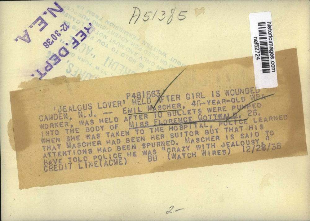 1938 Pres Photo Emil Mascher Held After 10 Bullets Pumped into Florence Gottwald