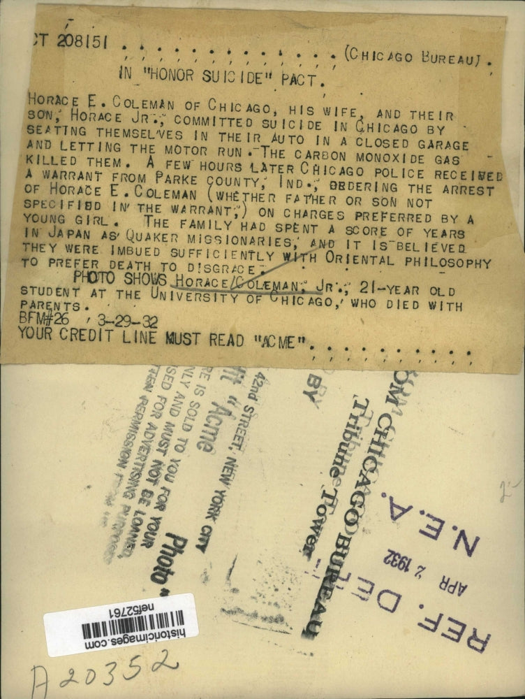 1932 Press Photo Horace Coleman Commits Suicide with Family, Chicago, Illinois