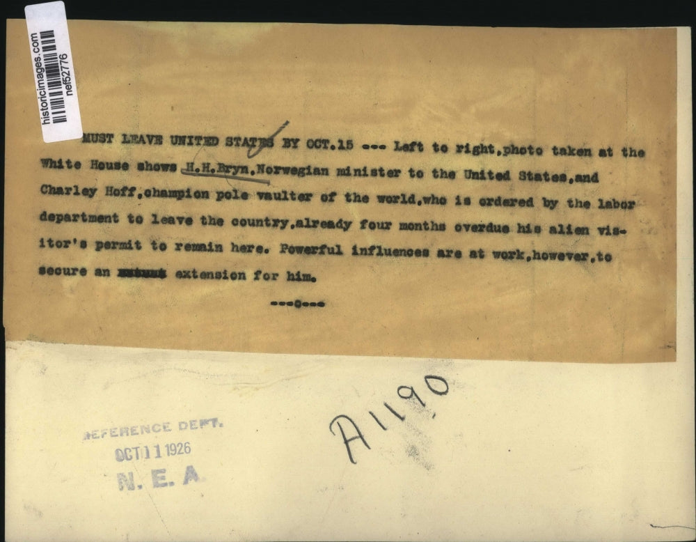 1926 Press Photo Norwegian Minister HH Bryn, Charley Hoff at White House