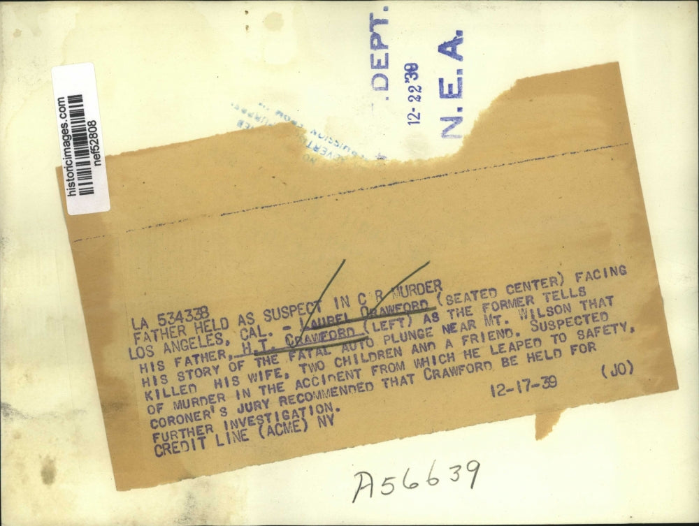 1939 Press Photo HT Crawford Held as Suspect in Auto Crash Murders, Los Angeles