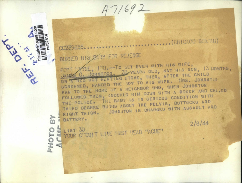 1944 Press Photo James Johnston Charged with Burning Son, Fort Wayne, Indiana