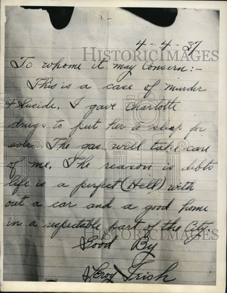 1937 Press Photo Leroy Irish gasses his ill wife and himself to death