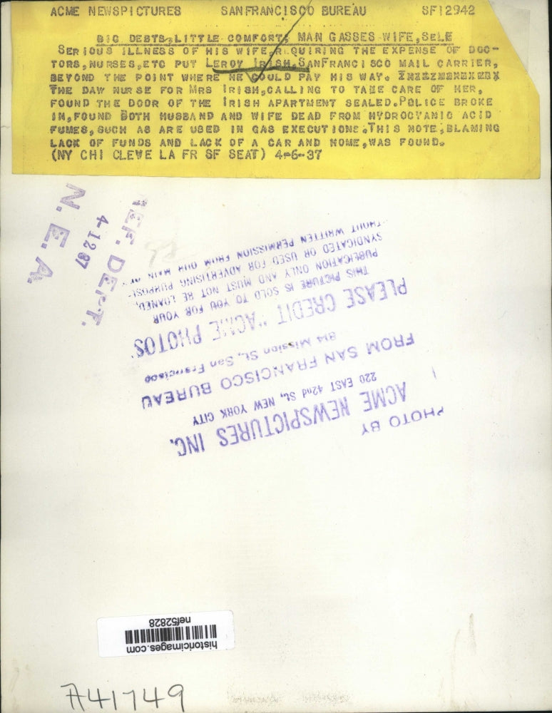 1937 Press Photo Leroy Irish gasses his ill wife and himself to death