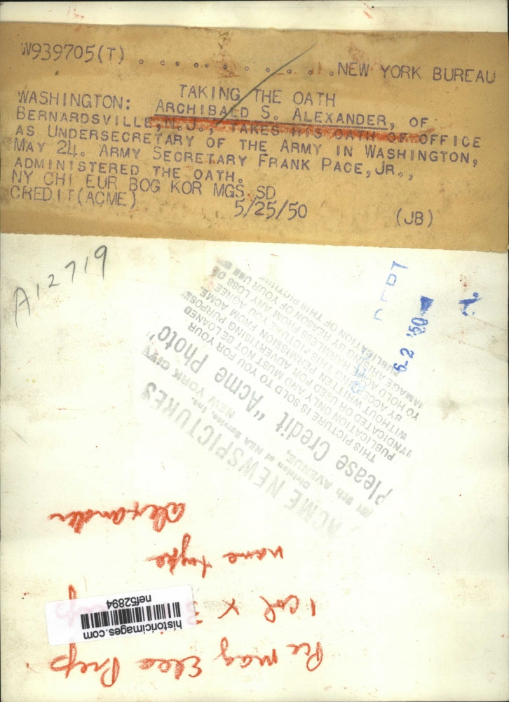 1950 Press Photo Archibald S. Alexander, U.S. Undersecretary of the Army