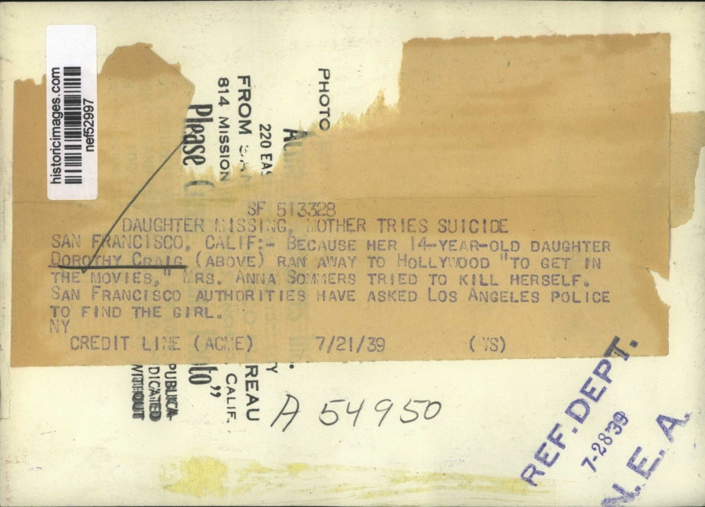 1939 Press Photo Dorothy Craig runs away to Hollywood "to get in movies"