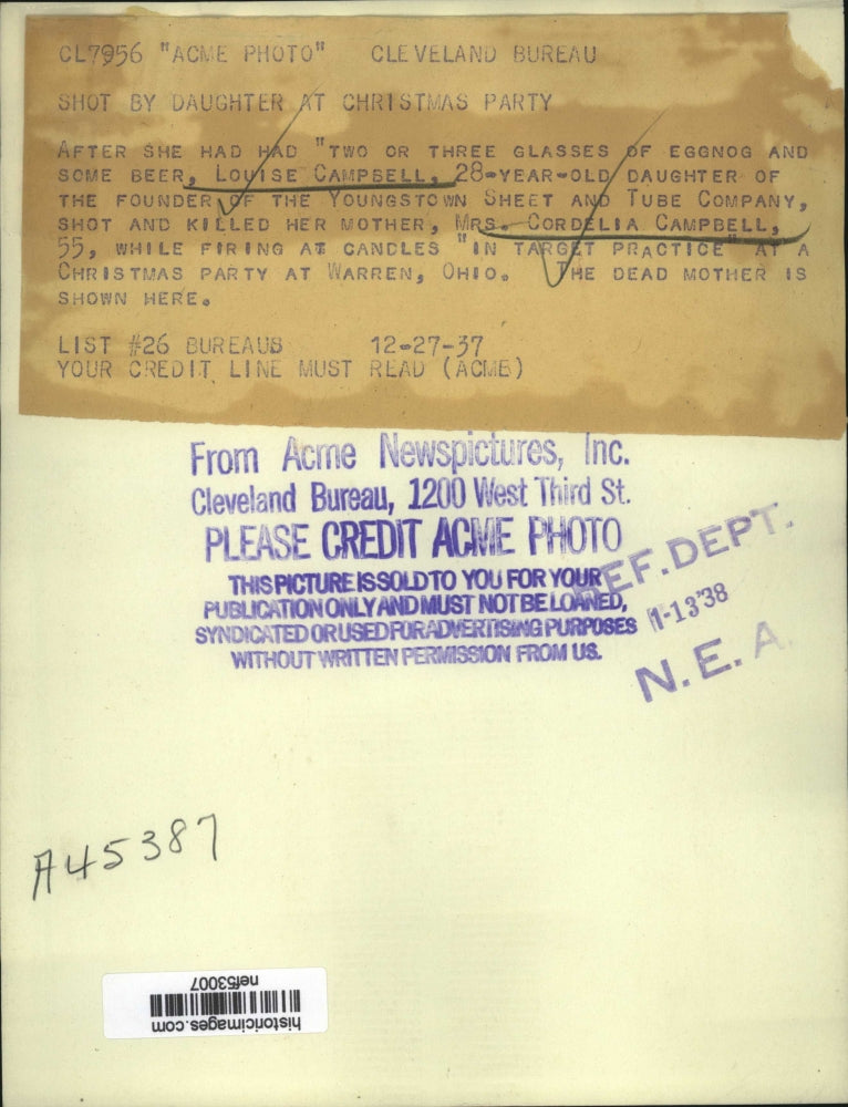 1937 Press Photo The late Cordelia Campbell who was shot by her daughter Louise