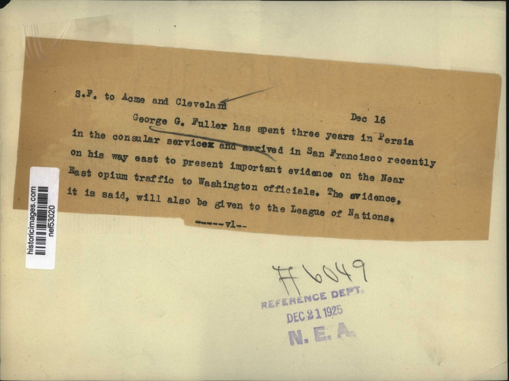 1925 Press Photo George G. Fuller arrives in San Francisco to present evidence