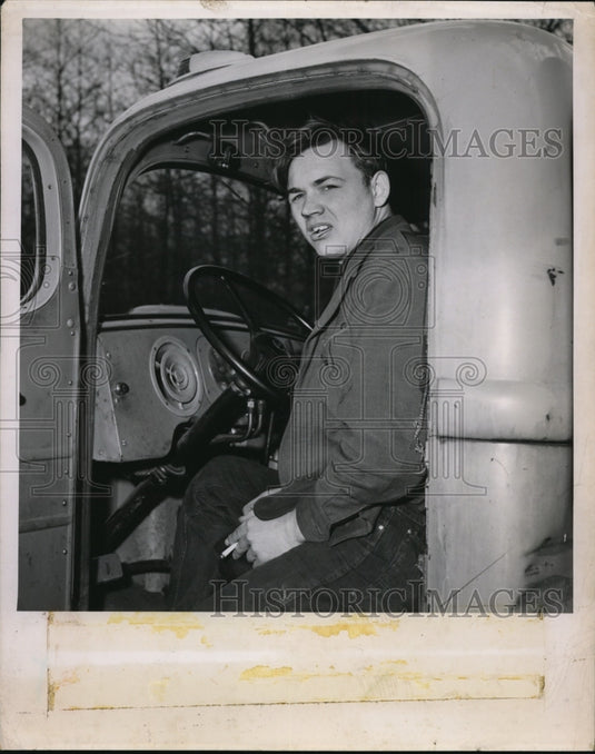 1951 Press Photo James Frank sits in truck where was he was bound by hijackers