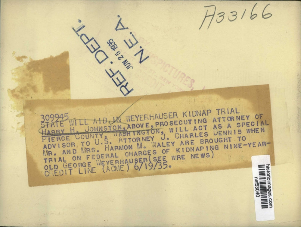 1935 Press Photo Harry H. Johnston to aid in Weyerhauser kidnap trial