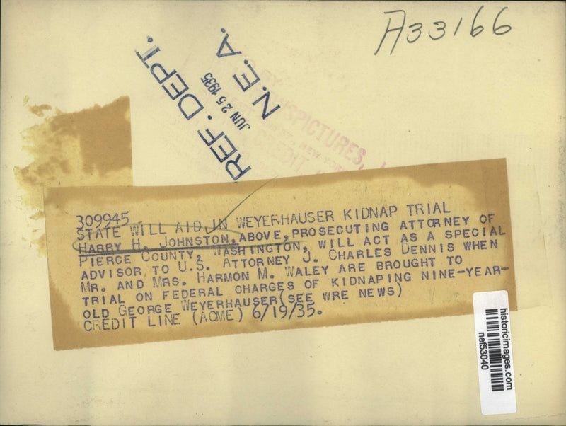 Load image into Gallery viewer, 1935 Press Photo Harry H. Johnston to aid in Weyerhauser kidnap trial
