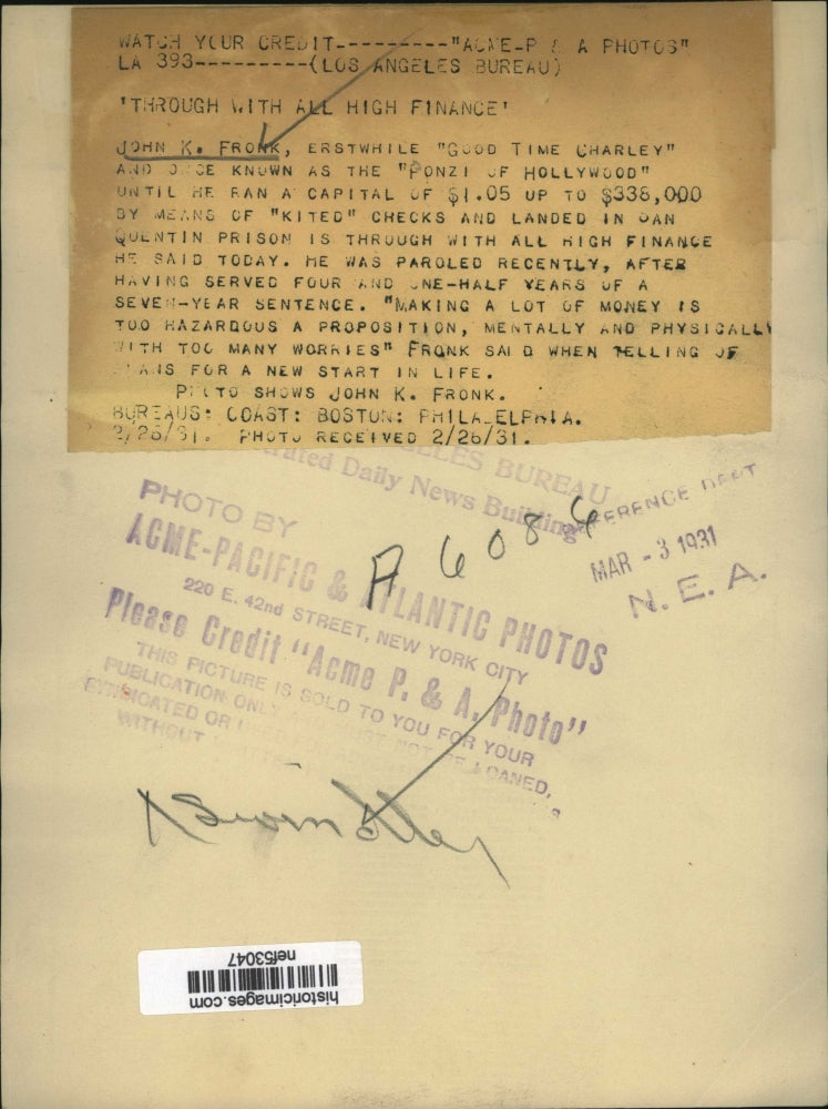 1931 Press Photo John K. Fronk through with all high finance - nef53047