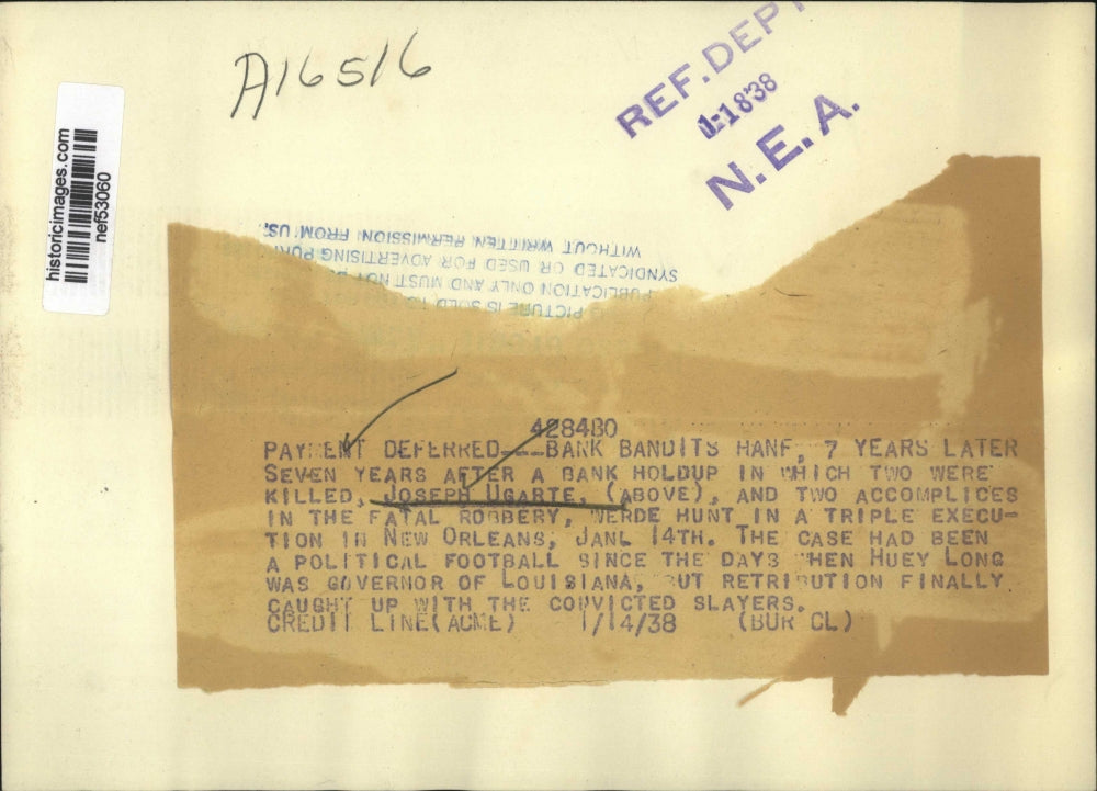 1938 Press Photo Joseph Ugarte locked up for bank holdup where two were killed