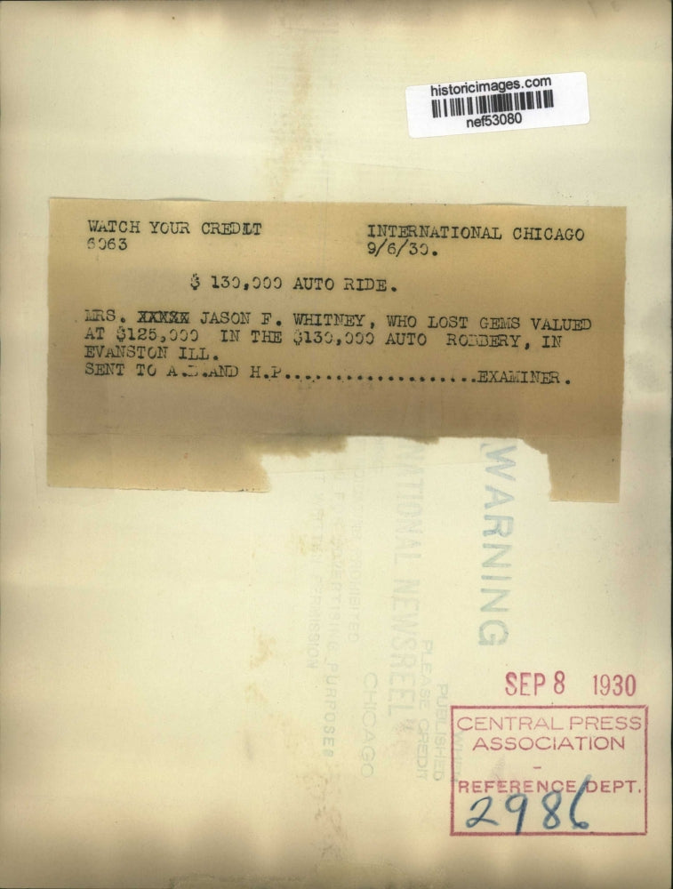 1930 Press Photo Mrs Jason F Whitney Lost Gems Valued at $125,000 in Evanston