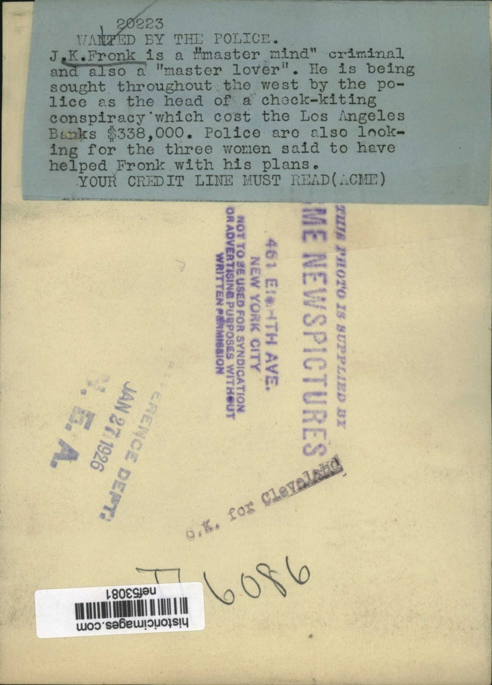 1926 Press Photo Master Mind J.K. Frank Sought Throughout the West by Police