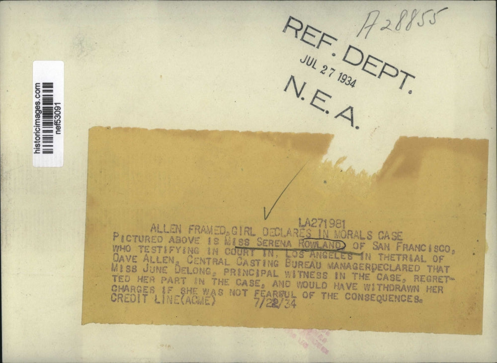 1934 Press Photo Miss Serena Rowland Testifying in Court She was Framed