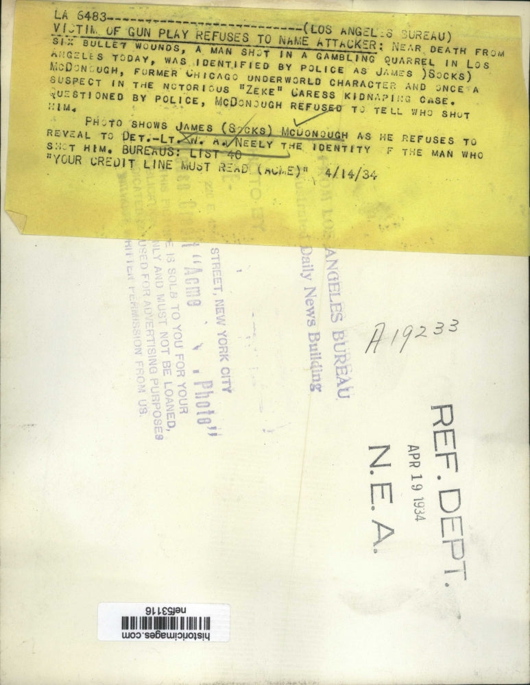 1934 Press Photo Dear Death Victim of Gun Play Refuses to Name Attacker