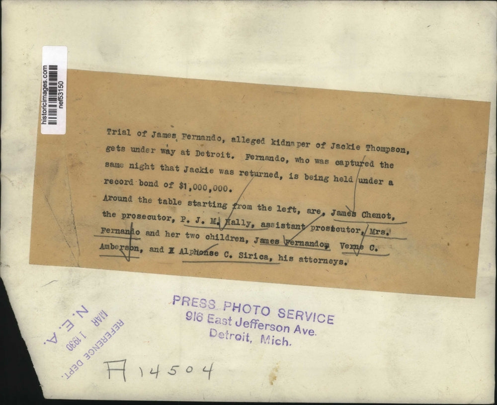 1930 Press Photo Trial of James Fernando Kidnapper of Jackie Thompson Begins