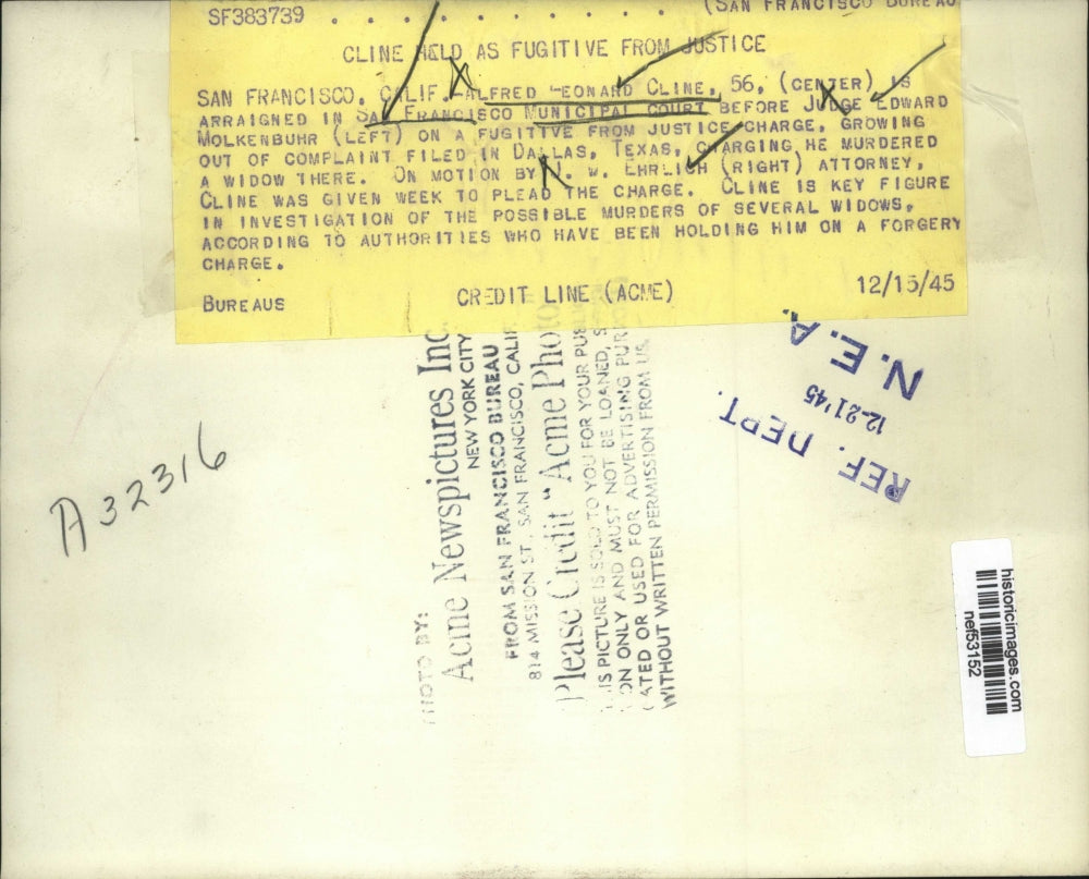 1945 Press Photo Alfred Leonard Cline arraigned in San Francisco Municipal court