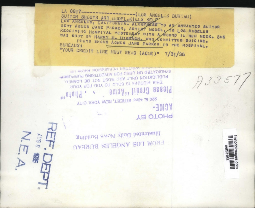 1935 Press Photo Harry W. Misrach Shoots Agnes Jane Parker Kills Self
