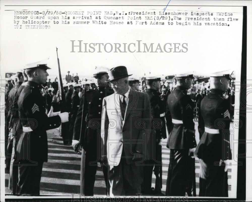 1958 Pres Photo Pres Eisenhower Inspect Marine Honor Guard at Arrival of Quonset