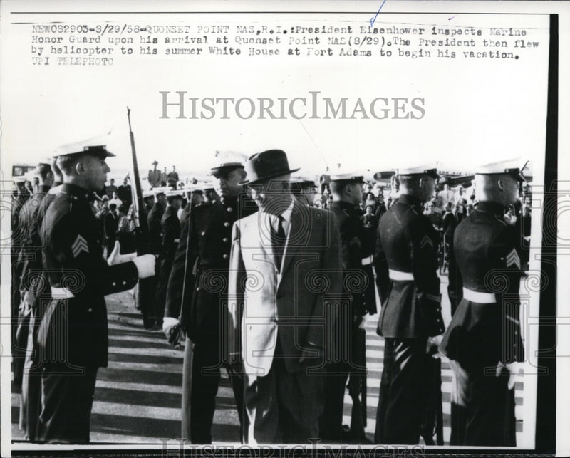 Load image into Gallery viewer, 1958 Pres Photo Pres Eisenhower Inspect Marine Honor Guard at Arrival of Quonset
