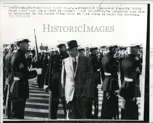 1958 Pres Photo Pres Eisenhower Inspect Marine Honor Guard at Arrival of Quonset