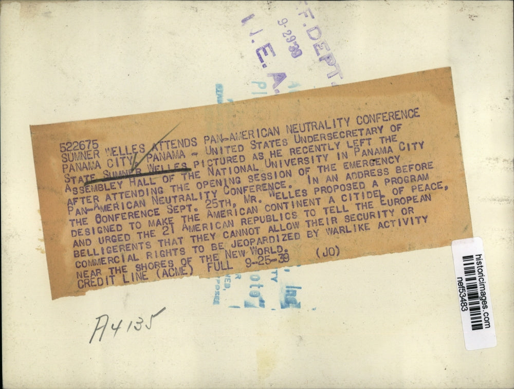 1939 Press Photo Sumner Welles Leaving Pan-American Neutrality Conference