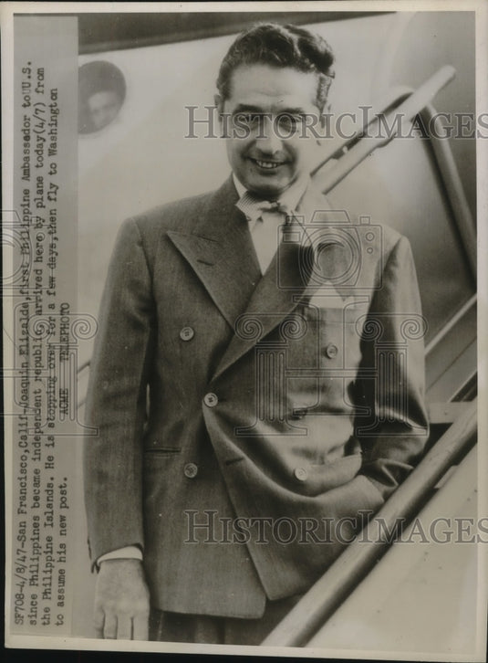 1947 Press Photo Philippine Ambassador Joaquin Elizalde Arrives in San Francisco- Historic Images