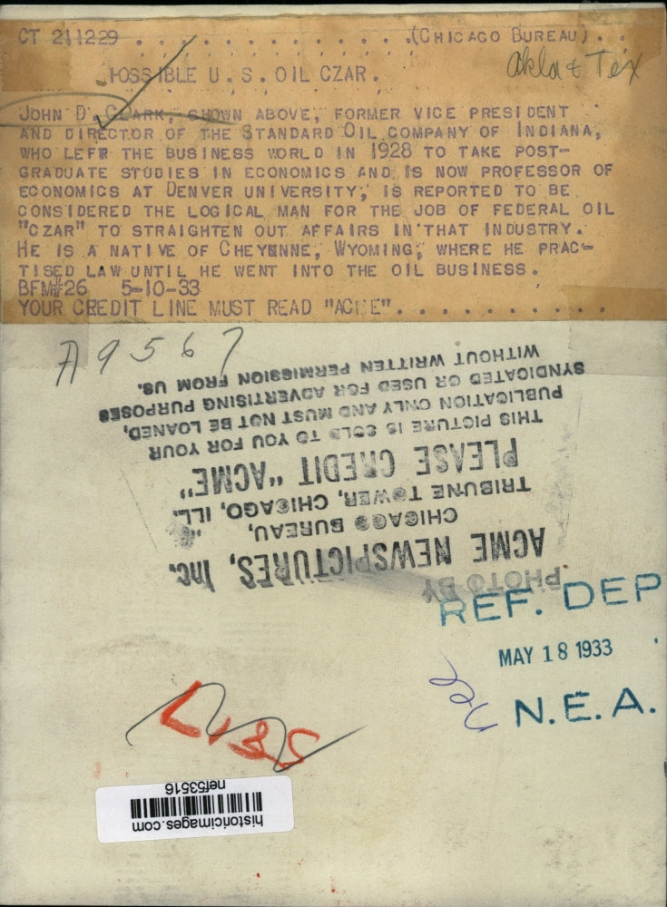 1933 Press Photo John D. Clark of Standard Oil Company - nef53516