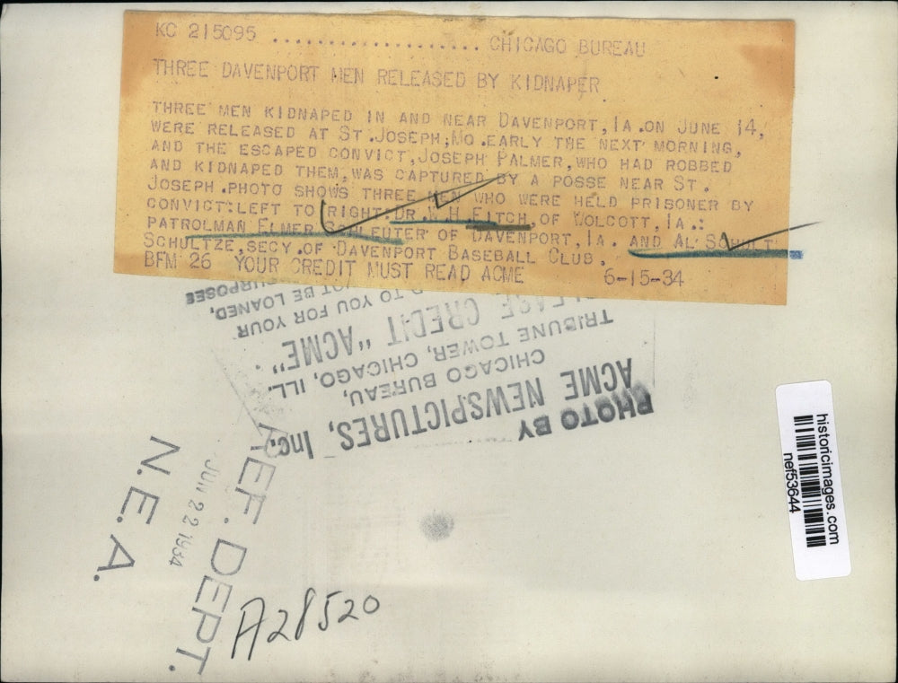 1934 Press Photo Three Davenport men held prisoner by convict Joseph Palmer