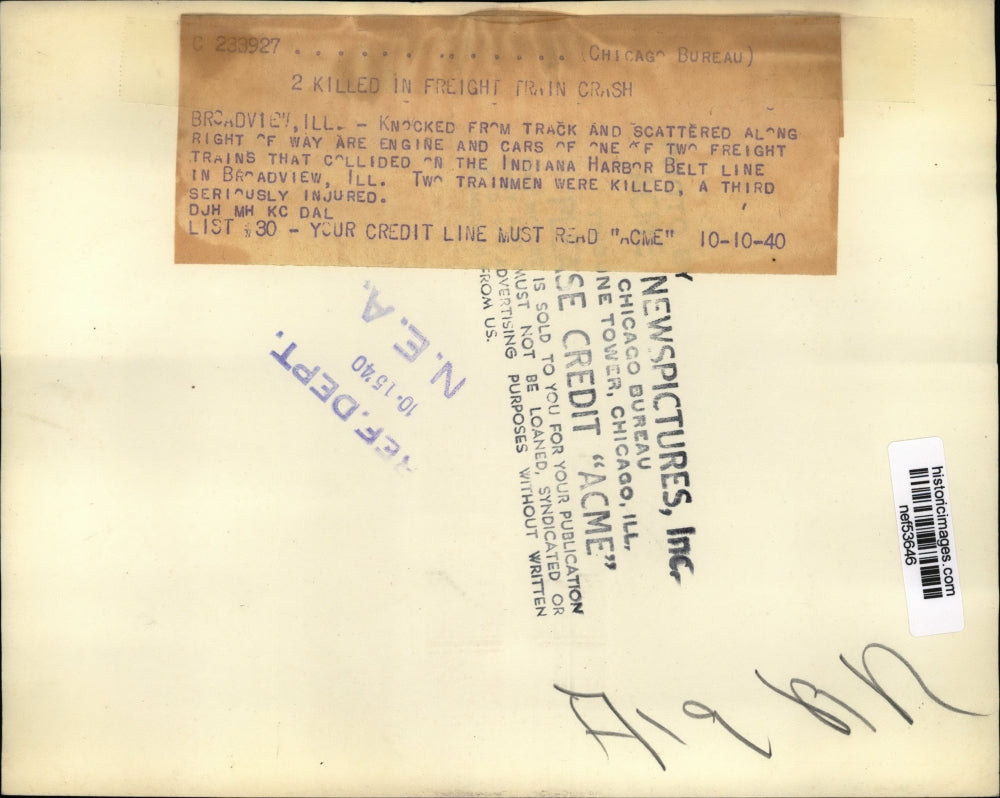 1940 Press Photo Two killed, one injured in freight train crash - nef53646