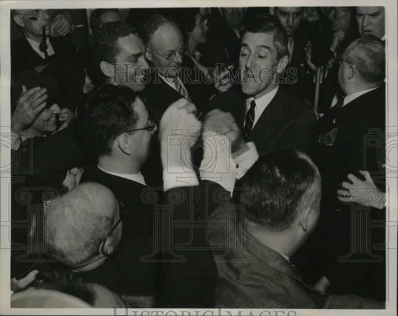 Load image into Gallery viewer, 1938 Press Photo Leverett Saltonstall being greeted by friends and followers
