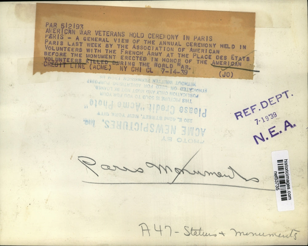 1939 Press Photo View of American War Veterans Holding Ceremony in Paris