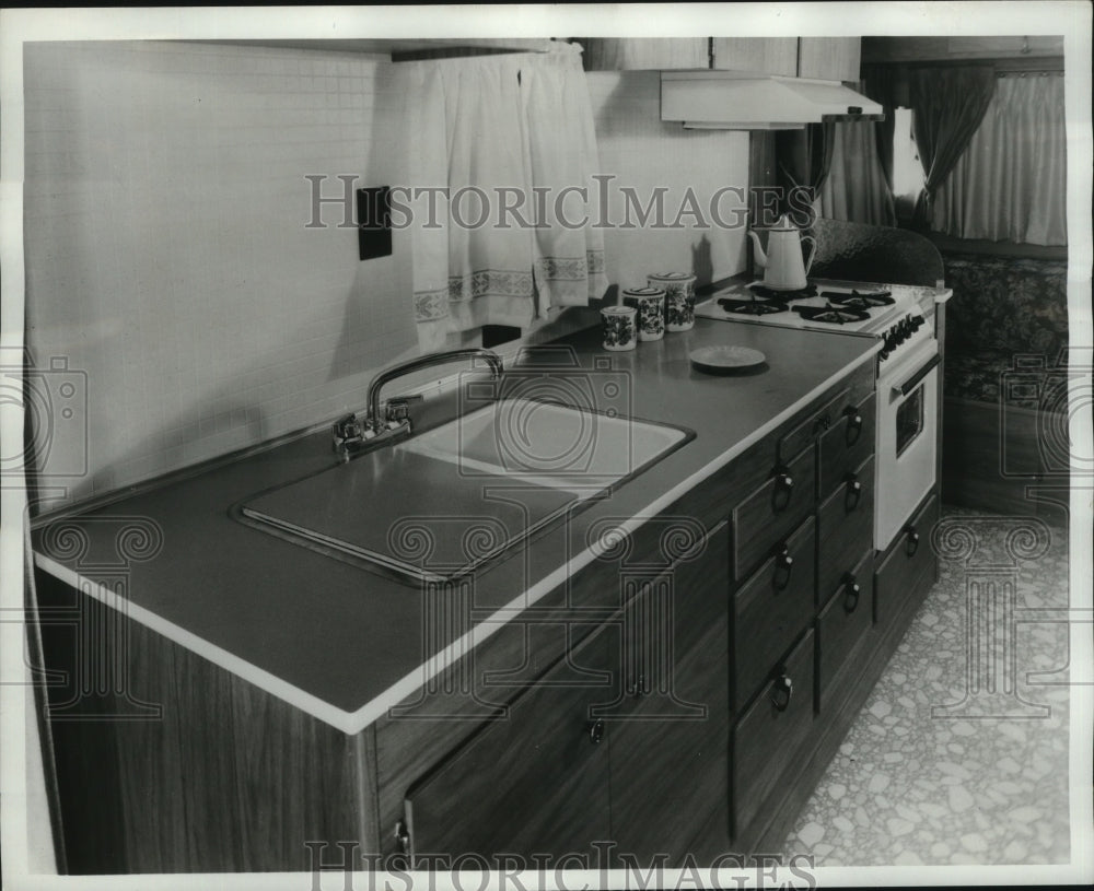 1968 Press Photo Travel Trailer Kitchen by Franklin Coach Company, Indiana