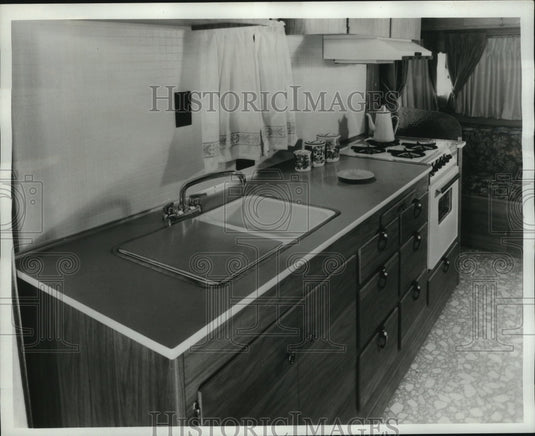1968 Press Photo Travel Trailer Kitchen by Franklin Coach Company, Indiana