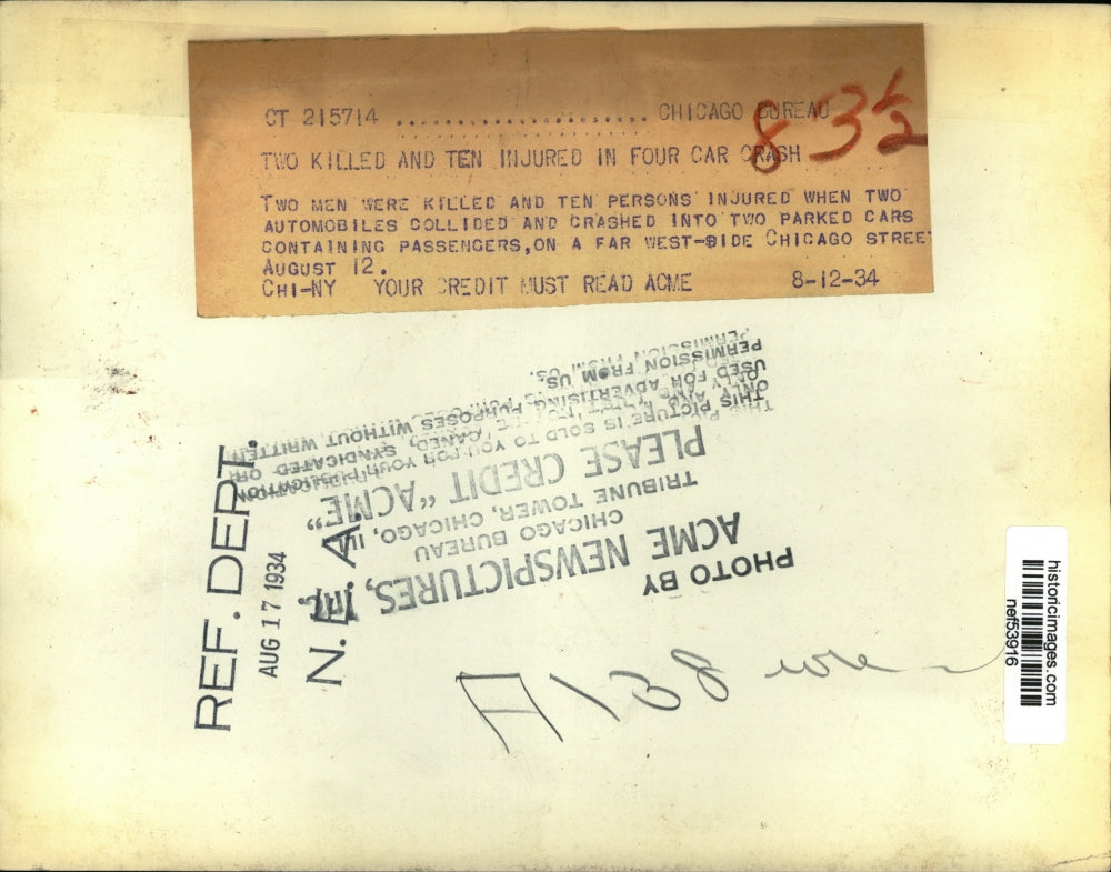1934 Press Photo Four-Car Wreck in West-Side Chicago - nef53916