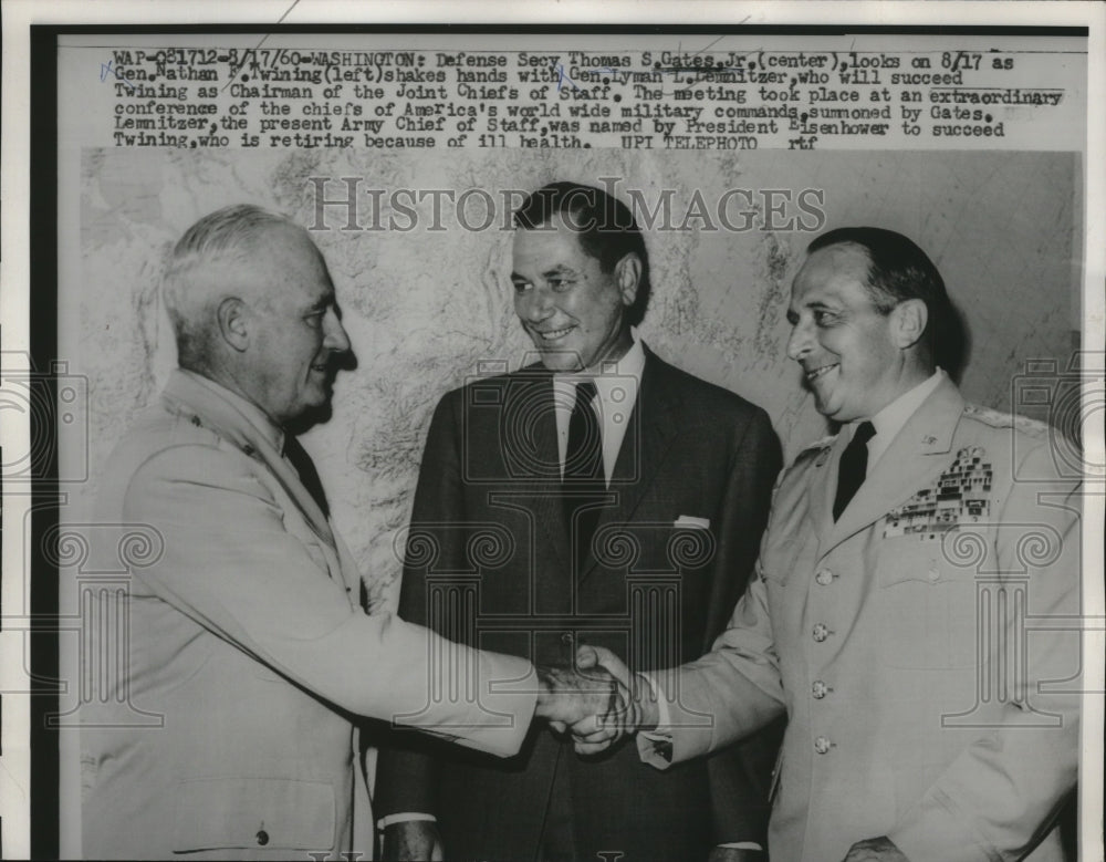 1960 Press Photo Thomas S. Gates Jr., Nathan Twining, Lyman Lenmitzer Meet in DC