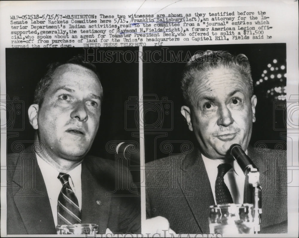 1957 Press Photo Franklin Salisbury, Raymond H. Fields at Senate Labor Rackets