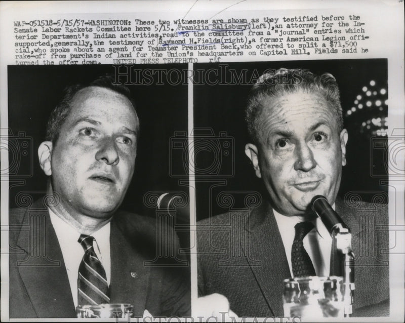 Load image into Gallery viewer, 1957 Press Photo Franklin Salisbury, Raymond H. Fields at Senate Labor Rackets
