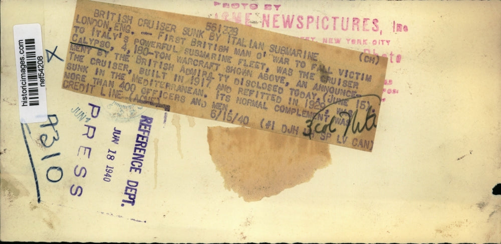 1940 Press Photo Cruiser Calypso Falls Victim to Italy's Submarine Fleet