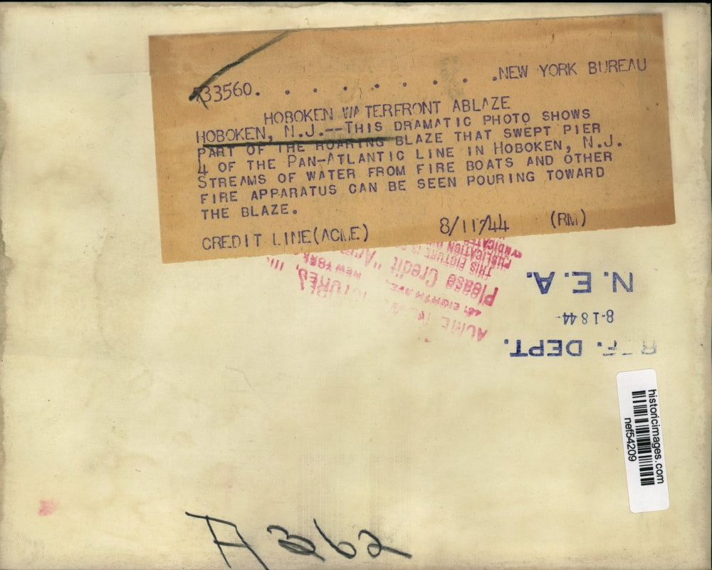 1944 Press Photo Morning Blaze Sweeps Pier 4 of Pan-Atlantic Line in Hoboken NJ