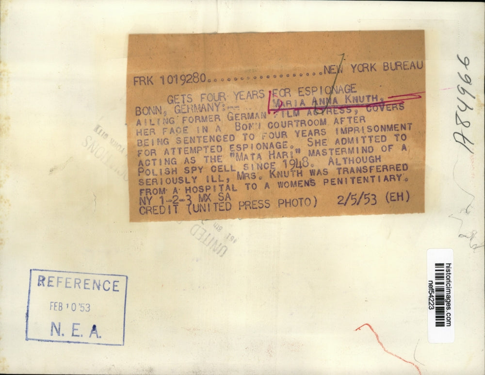 1953 Pres Photo Maria Anna Knuth Sentenced to 4 Years Imprisonment for Espionage