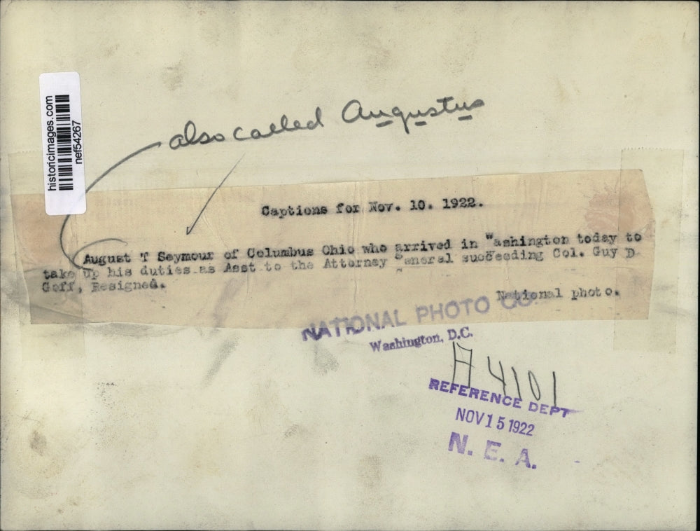 1922 Pres Photo August Seymour Arrived in Washington Today For Assistant Duties