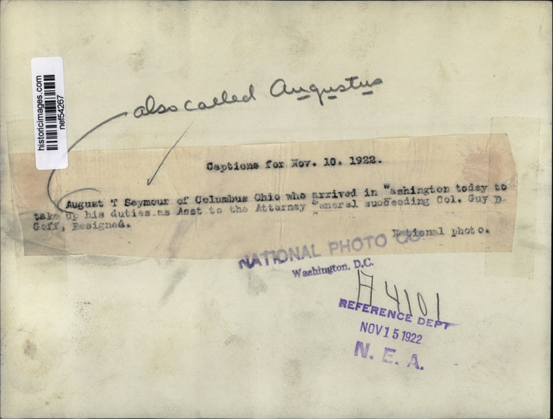 Load image into Gallery viewer, 1922 Pres Photo August Seymour Arrived in Washington Today For Assistant Duties
